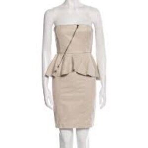 Alice + Olivia Front Zip Strapless Peplum Leather Dress Size 0 Beige